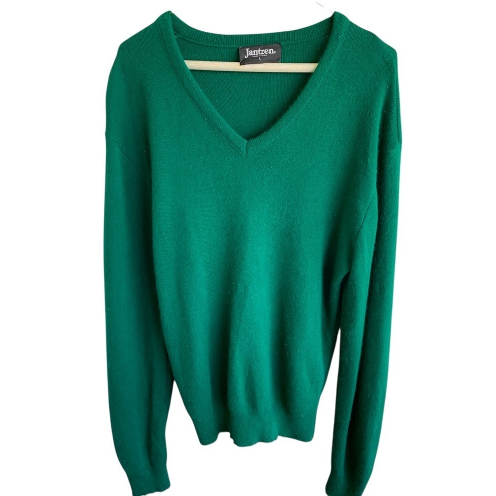 Vintage Blank Green V-neck Sweater Adult Large 80s 90s Made in USA Jantzen